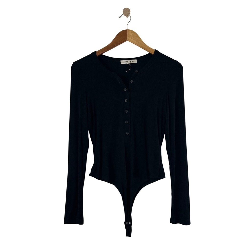 Betro Simone Black Ribbed Henley Long Sleeve Bodysuit Top Small Made in USA NWOT